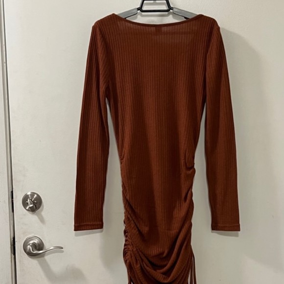 Shein Womens Brown V-Neck Knitted Ruched Bodycon Long Sleeve Dress Size Large - Picture 5 of 11